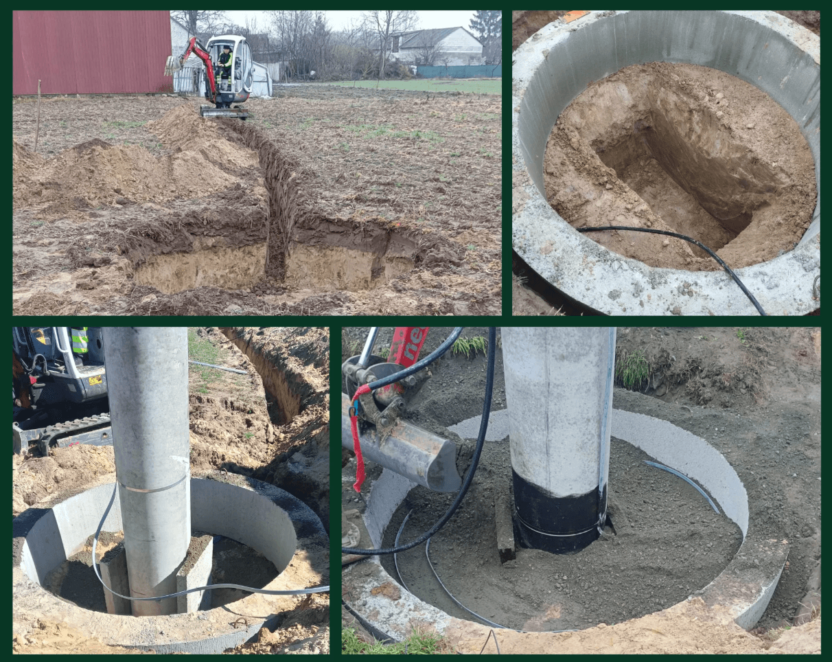 Wykonanie fundamentu pod małą turbinę wiatrową — wykop, krąg betonowy, słup nośny